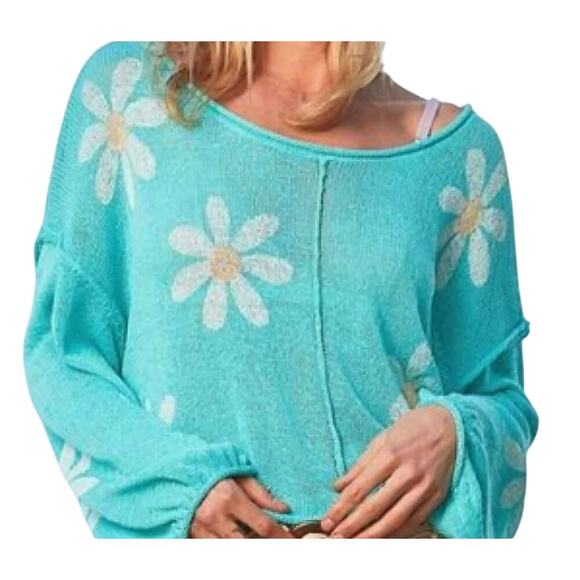 POL Katrina Daisy Knit Sweater Light Blue Open Weave Boho Embroidered Top M - Picture 1 of 4